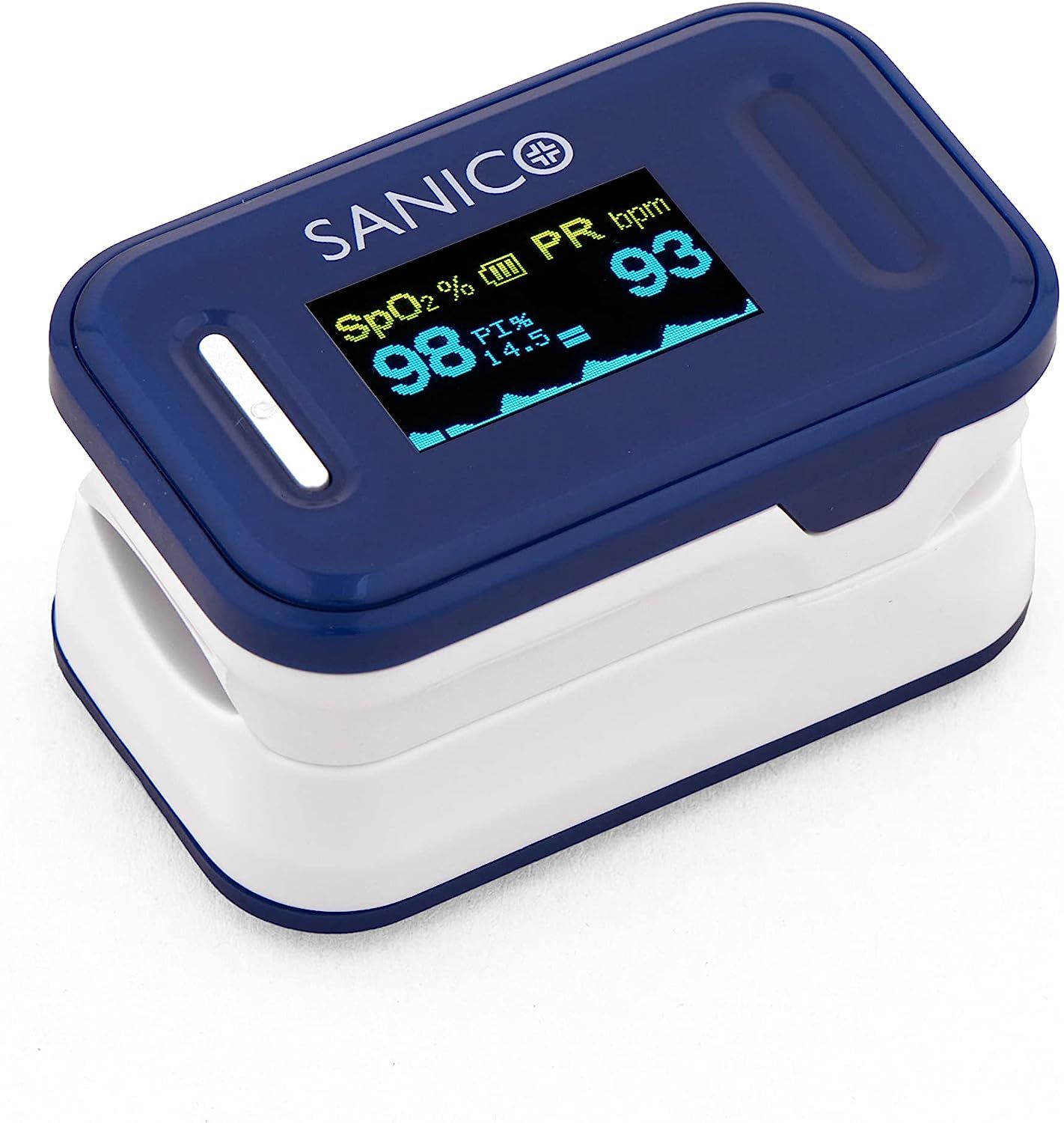 Blau-weißer Pulsoximeter mit Display. Zeigt SpO2, Pulsfrequenz und PI-Wert an. Marke: Sanico.