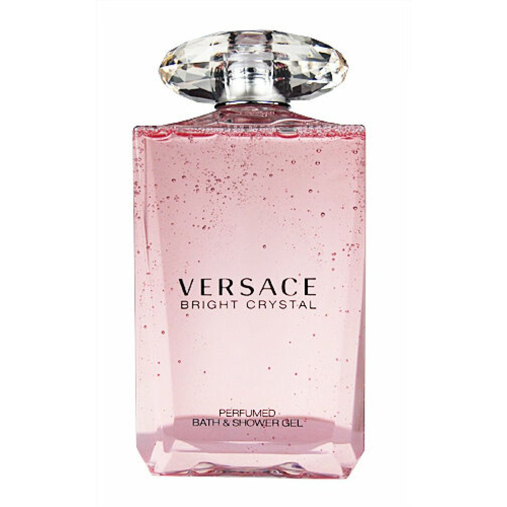 Rosa Duschgel-Flasche mit Kristallverschluss. Aufschrift: Versace Bright Crystal. Parfümiertes Bad & Duschgel.