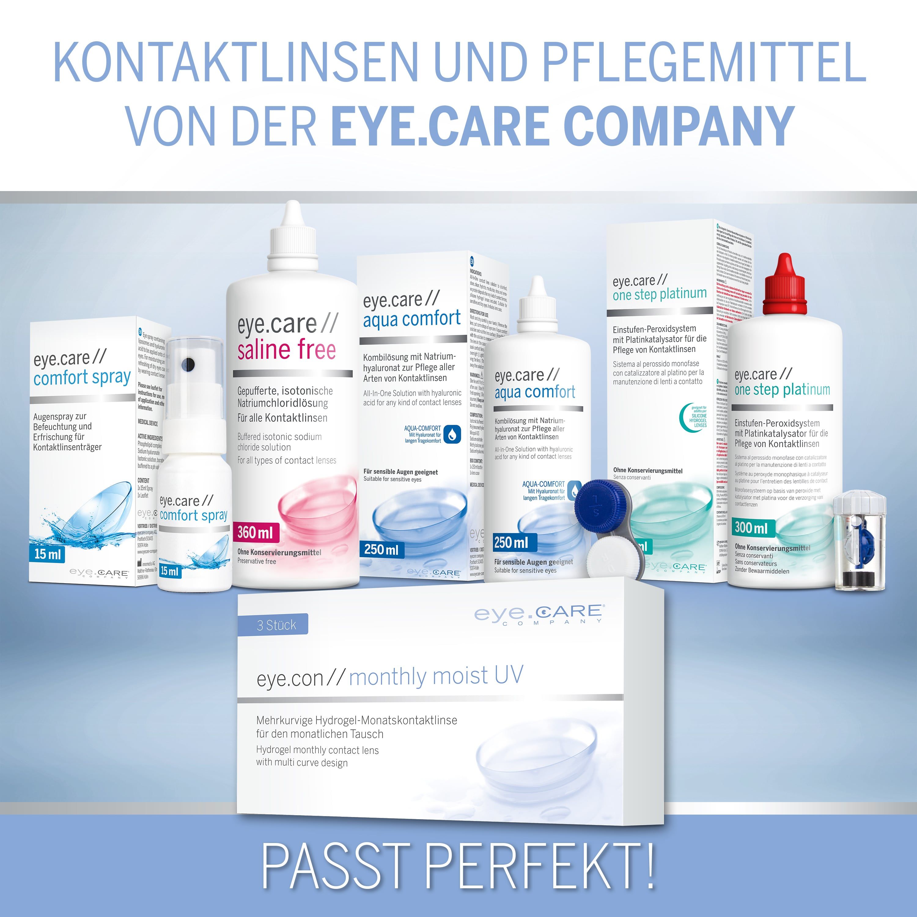 Sortiment von eye.care company Produkten, darunter eye.con monthly moist UV Kontaktlinsen und verschiedene Pflegemittel.