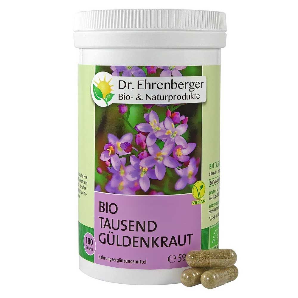 Weißes Kunststoff-Behälter mit Kapseln. Aufschrift: Dr. Ehrenberger Bio Tausendgüldenkraut. Vegan-Siegel. 180 Kapseln.