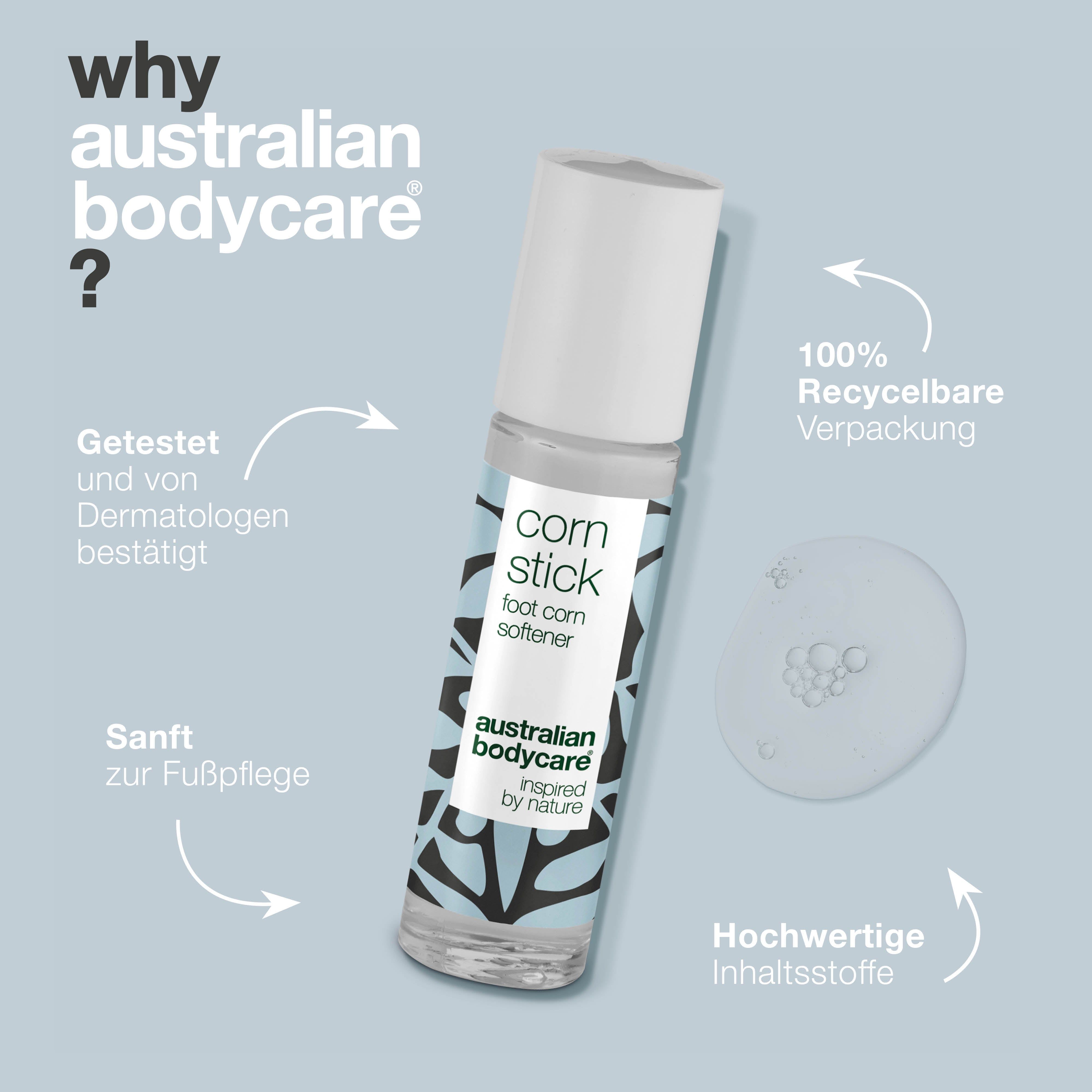 Roll-on-Flasche mit weißem Deckel. Aufschrift: corn stick, foot corn softener, australian bodycare.