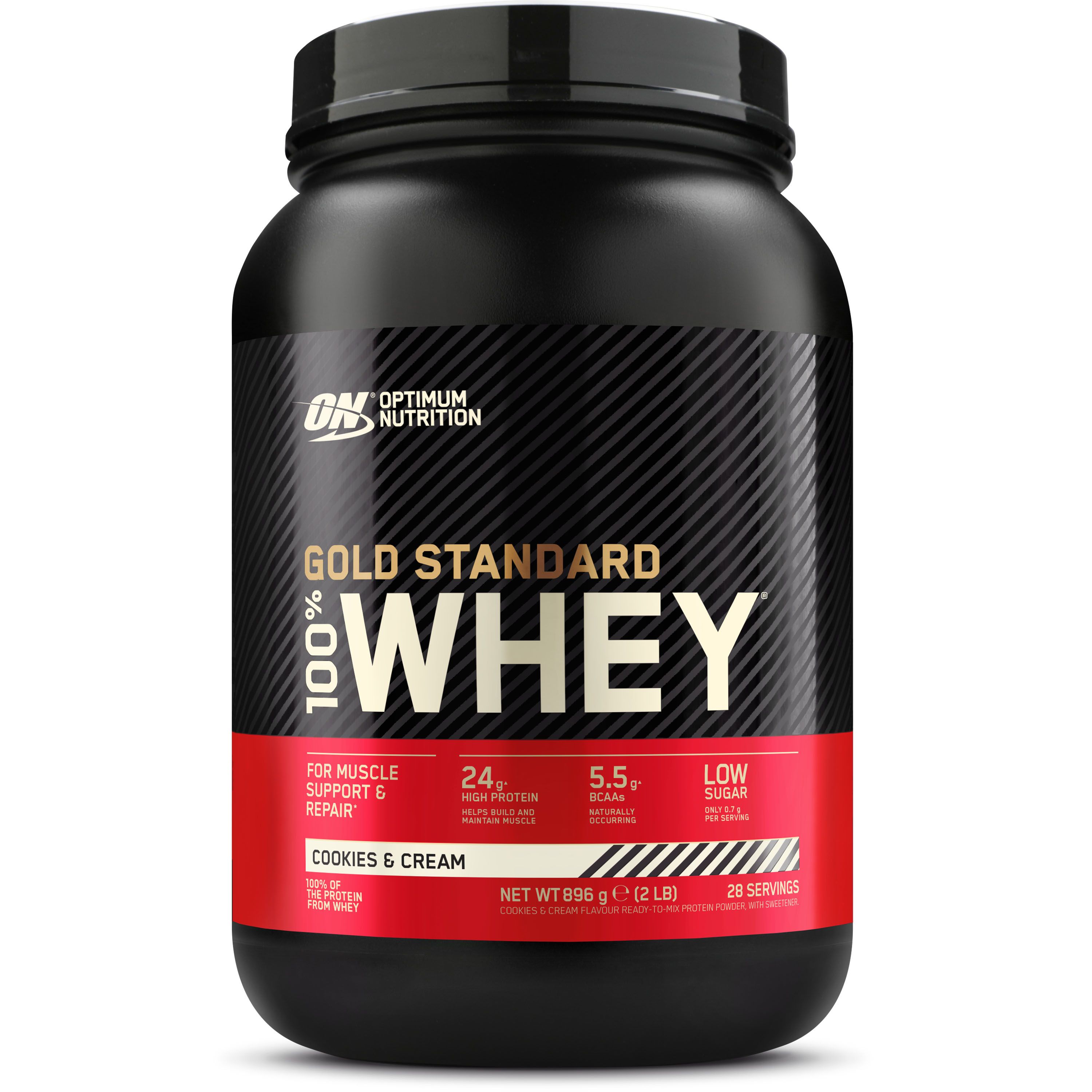 Schwarze Dose mit "Gold Standard 100% Whey" und "Cookies & Cream" Aufschrift. Enthält 24g Protein, 5.5g BCAAs und wenig Zucker.