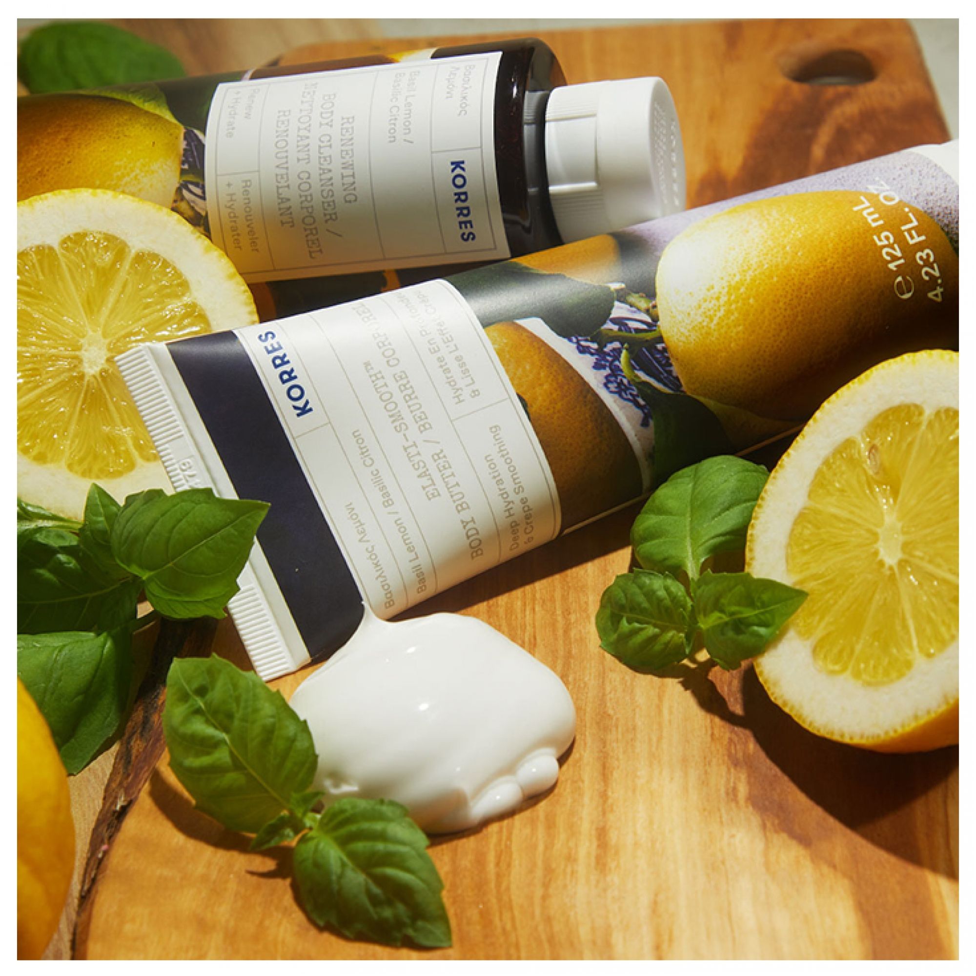 Korres Körpermilch Basilikum Zitrone und andere Korres Produkte mit Zitronen und Basilikum.