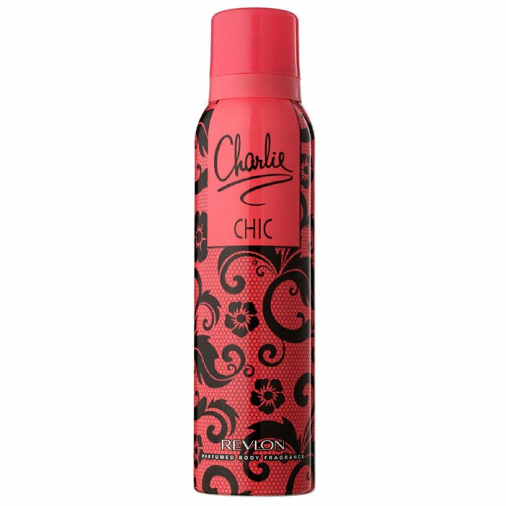 Rote Körper-Spray-Flasche mit schwarzem floralen Muster. Schriftzug 'Charlie Chic'. 'Revlon' Logo.