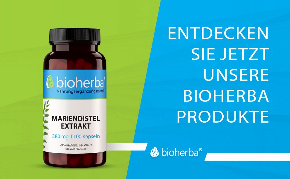 Braune Flasche mit Kapseln. Etikett mit Mariendistel Extrakt. Text: 380 mg | 100 Kapseln. Logo Bioherba. Entdecken Sie jetzt unsere Bioherba Produkte.