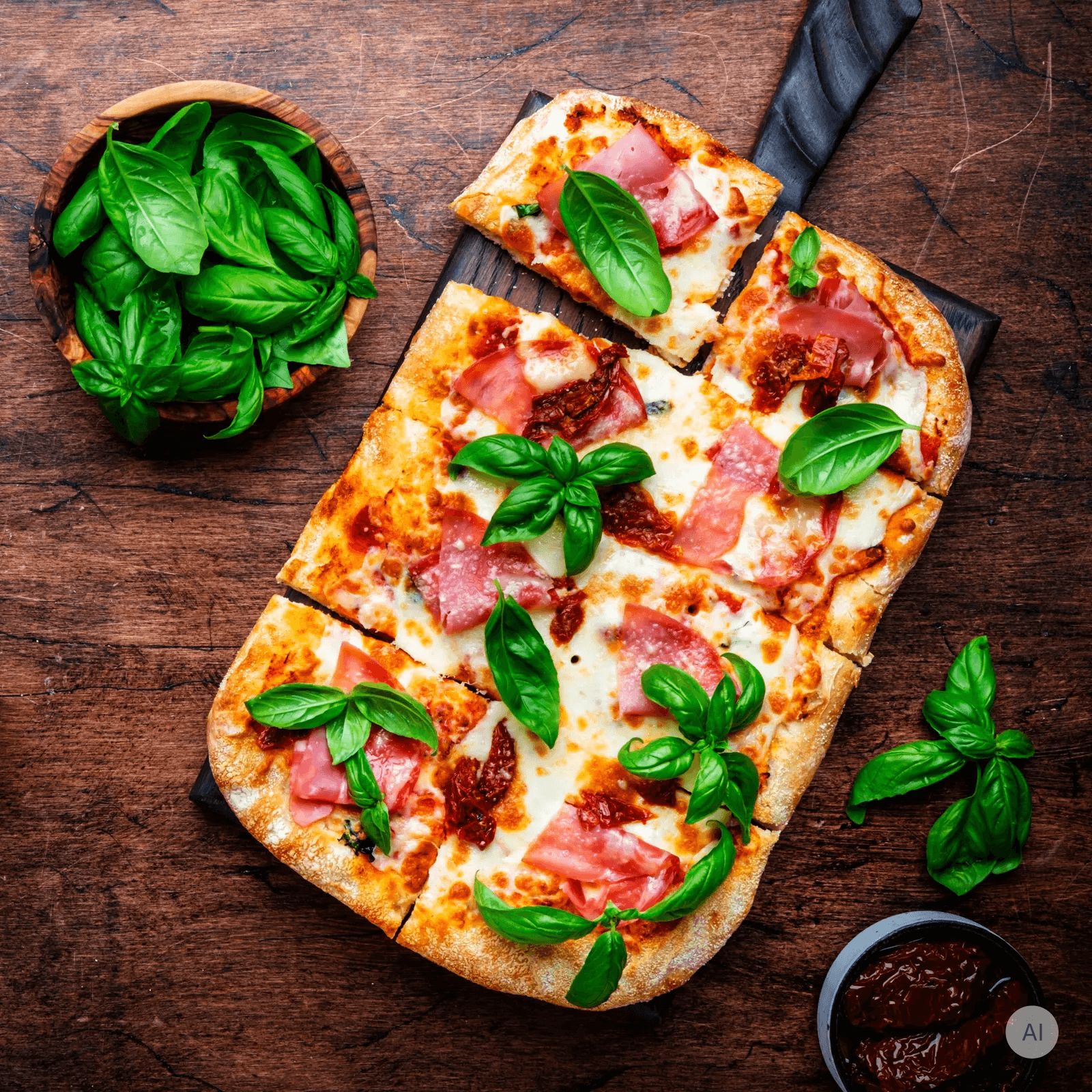Rechteckige Pizza mit Schinken, Käse und Basilikum auf einem Holzbrett, daneben eine Schale mit Basilikum.