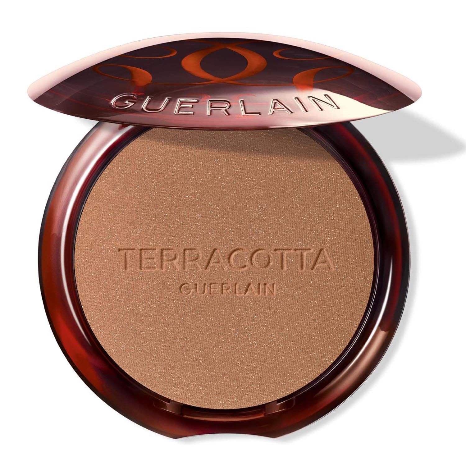 Runder Bronzer-Kompaktpuder. Geöffnete Dose mit Prägung "TERRACOTTA" und "GUERLAIN". Deckel mit Markenlogo.