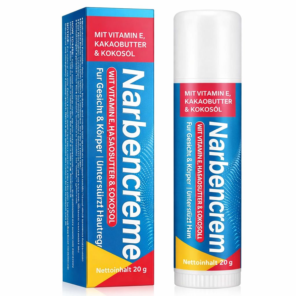 Produktverpackung von "Narbencreme" mit Text. Enthält Vitamin E, Kakaobutter und Kokosöl. 20g.