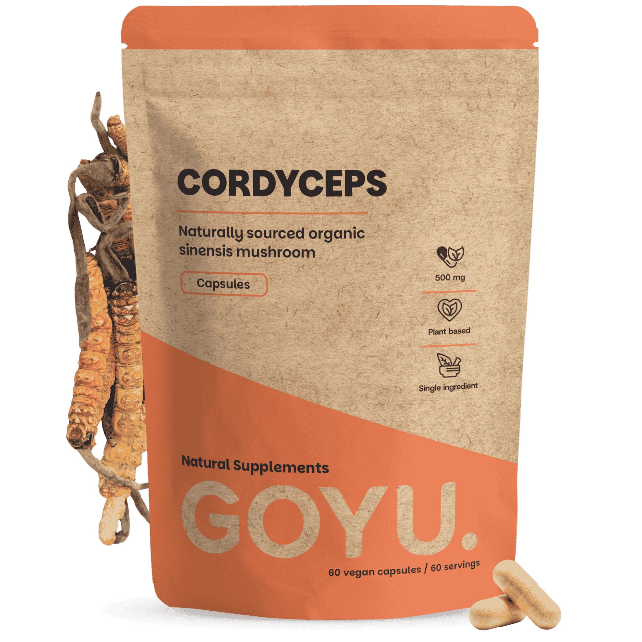 Braune Papiertüte mit Cordyceps-Kapseln, 500 mg pro Kapsel, 60 Kapseln.