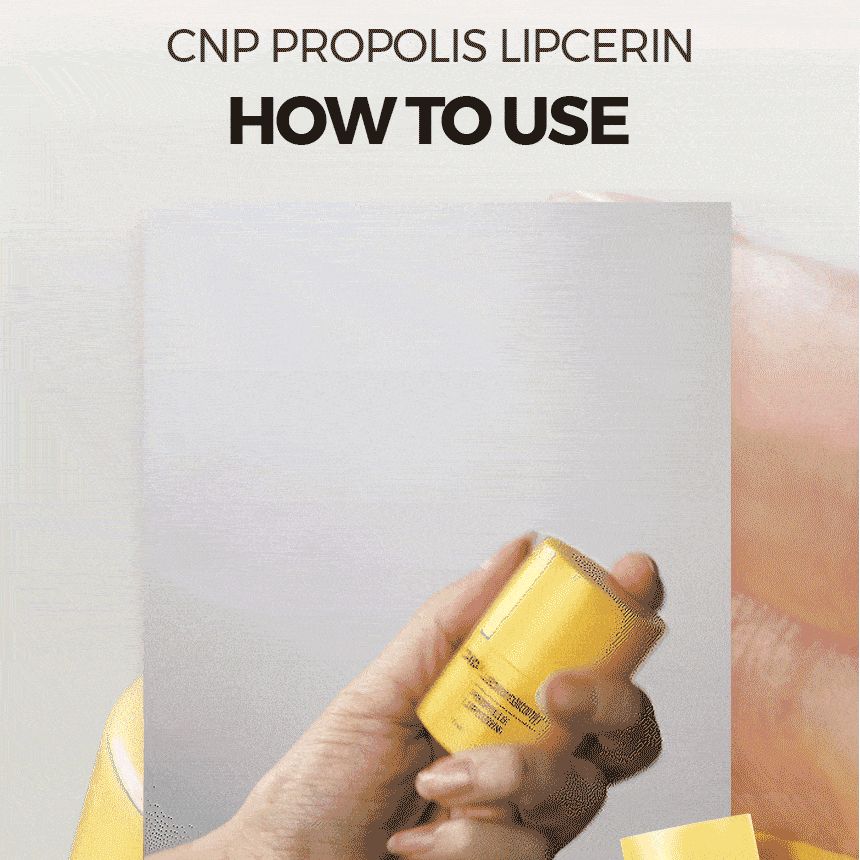 Hand hält gelben Lippenbalsam. Text: CNP PROPOLIS LIPCERIN HOW TO USE.