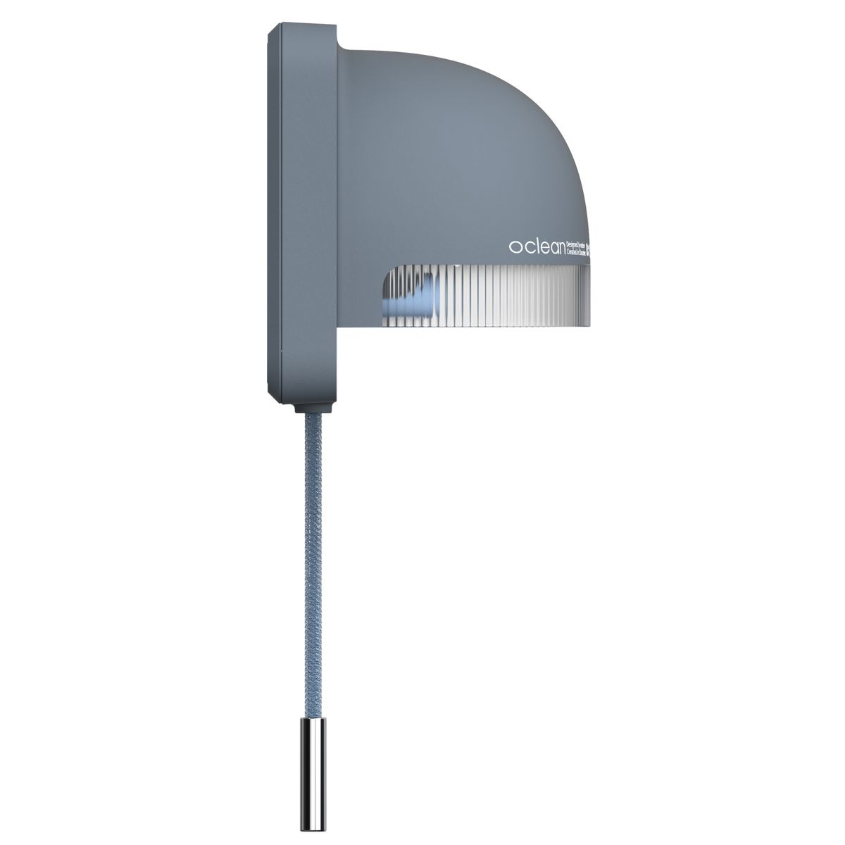 Grauer UVC-Sterilisator, Seitenansicht. Blaue Leitung mit Metallende. Oclean-Logo sichtbar. Rechteckige Form mit abgerundeter Oberseite.