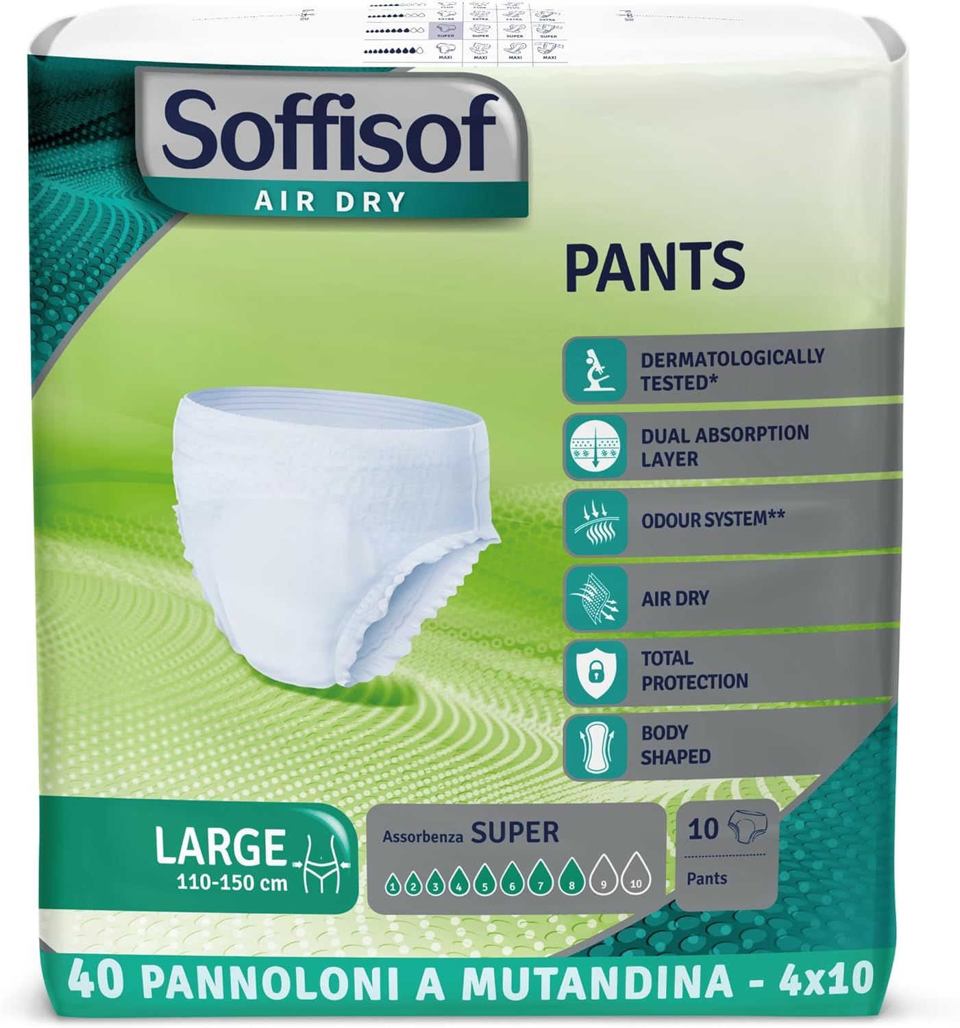 Soffisof Air Dry Pants, Größe L, 110-150 cm, Super Saugstärke, 40 Stück. Verpackung mit Produktabbildung und Produktmerkmalen.