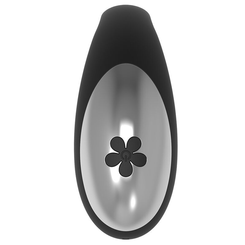 Schwarzer Vibrator mit silberner Oberfläche. Tropfenform, mit Blüte und Ein/Aus-Taste.