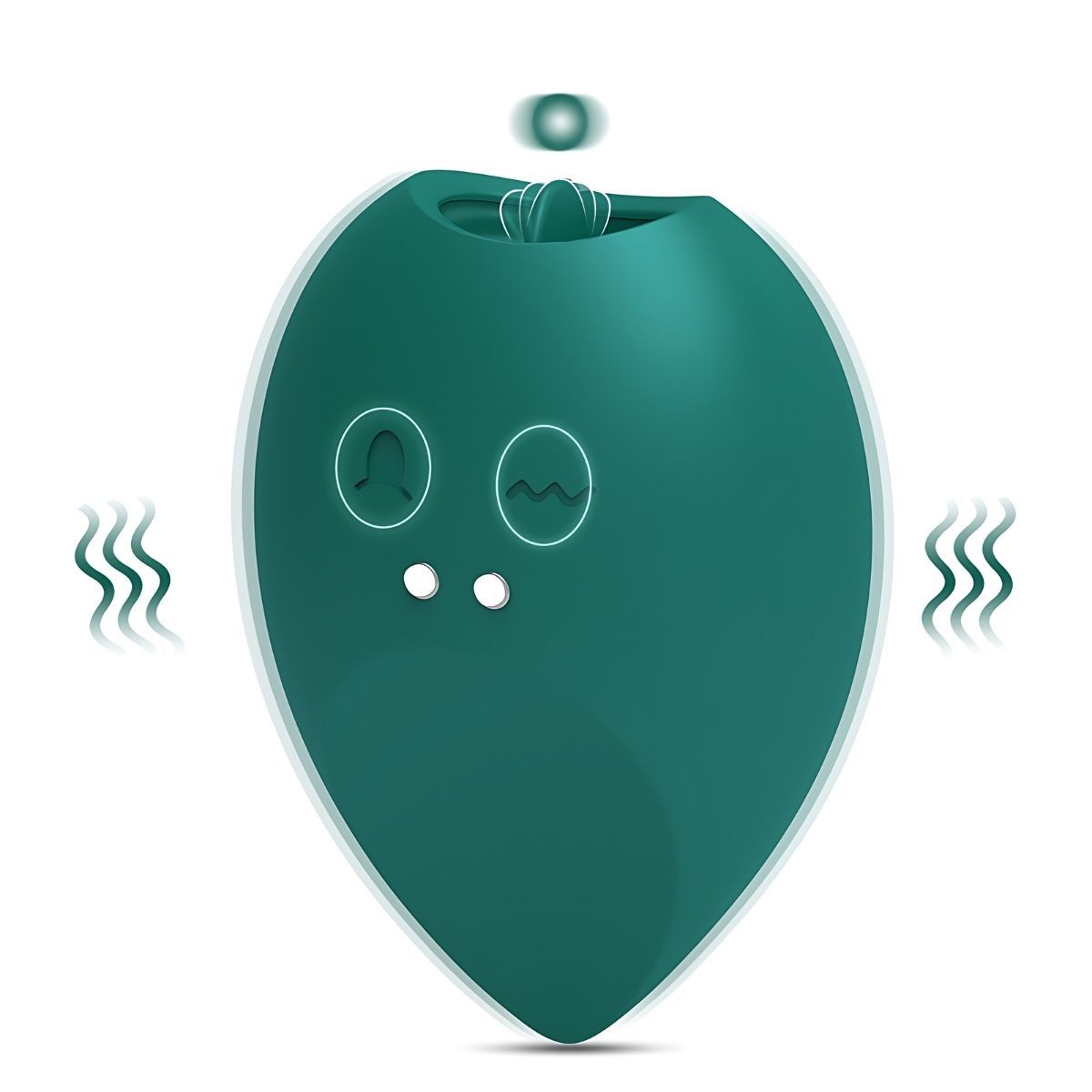 Tropfenförmiger Vibrator in Grün. Zwei Knöpfe und zwei Symbole sind sichtbar. Wellenlinien deuten auf Vibration hin.