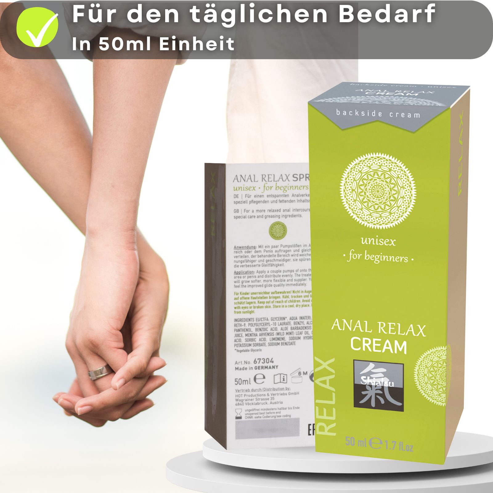 Grüne Tube und Schachtel. ANAL RELAX CREAM. Paar. Text. 50 ml. Logo.