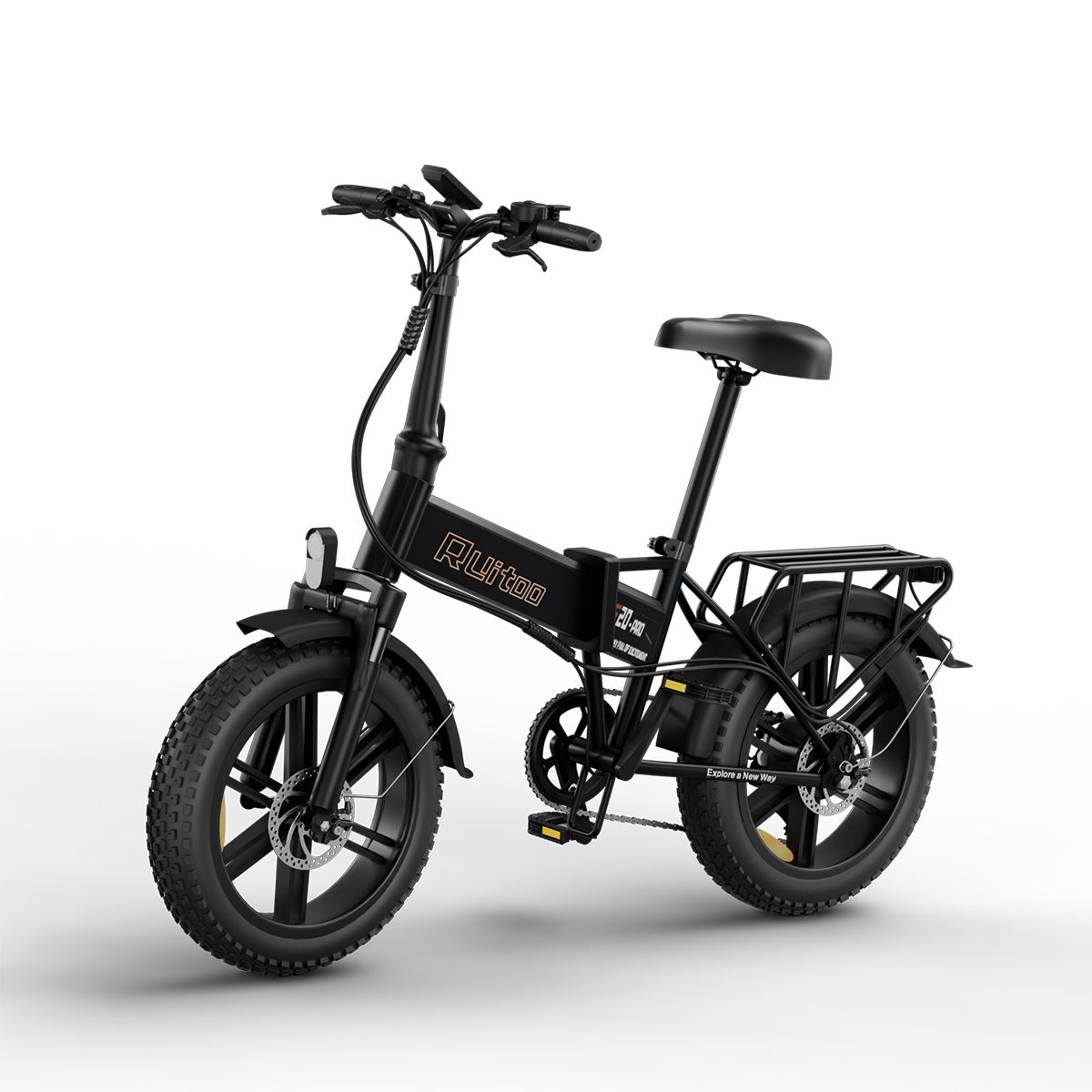 Schwarzes Faltrad mit Gepäckträger. Reifen, Sattel und Lenker sind schwarz. Das Fahrrad hat den Schriftzug "Ruitoo".