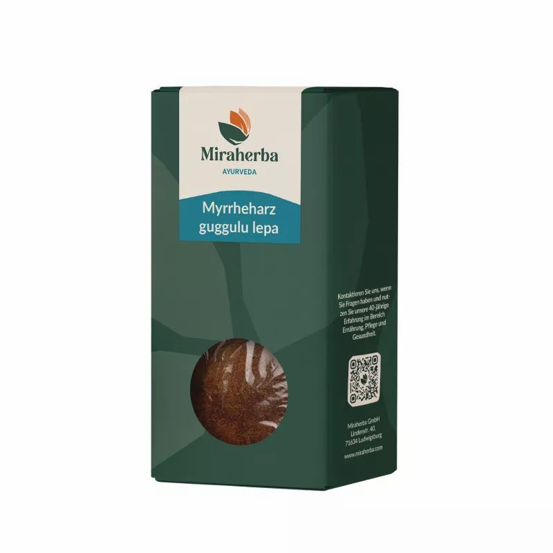 Grüne Verpackung mit Produktbezeichnung und Logo. Sichtfenster zeigt Harz. Text: Miraherba Ayurveda, Myrrheharz guggulu lepa.