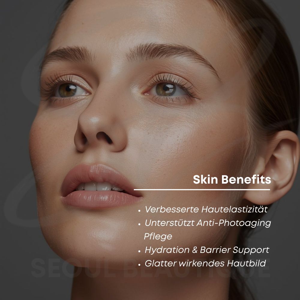 Nahaufnahme eines Gesichts mit hervorgehobenen Hautvorteilen und Produktinformationen.