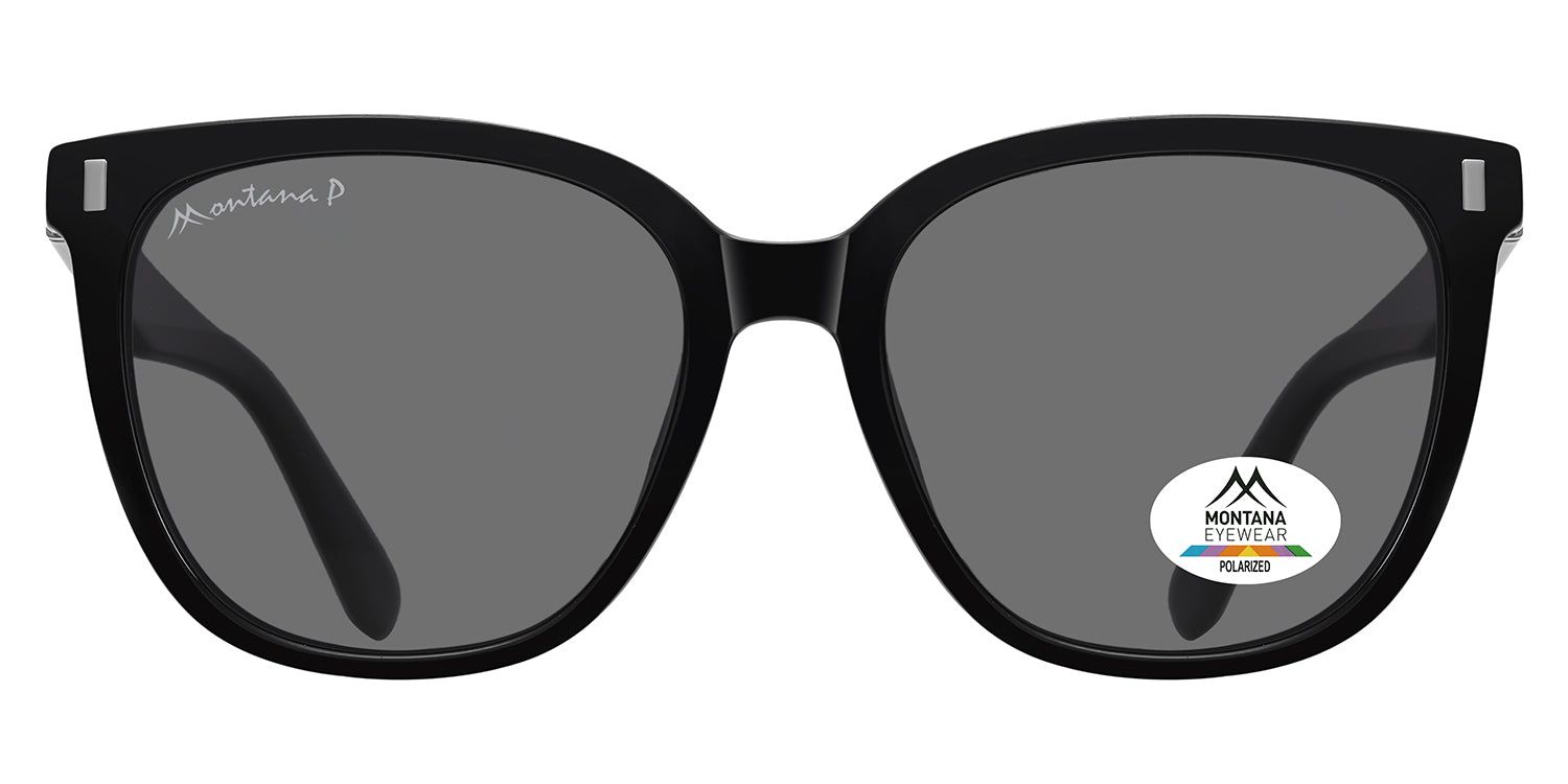 Schwarze Sonnenbrille mit grauen Gläsern. Montana Eyewear Logo am Bügel und Glas. Polarisiertes Glas-Siegel.