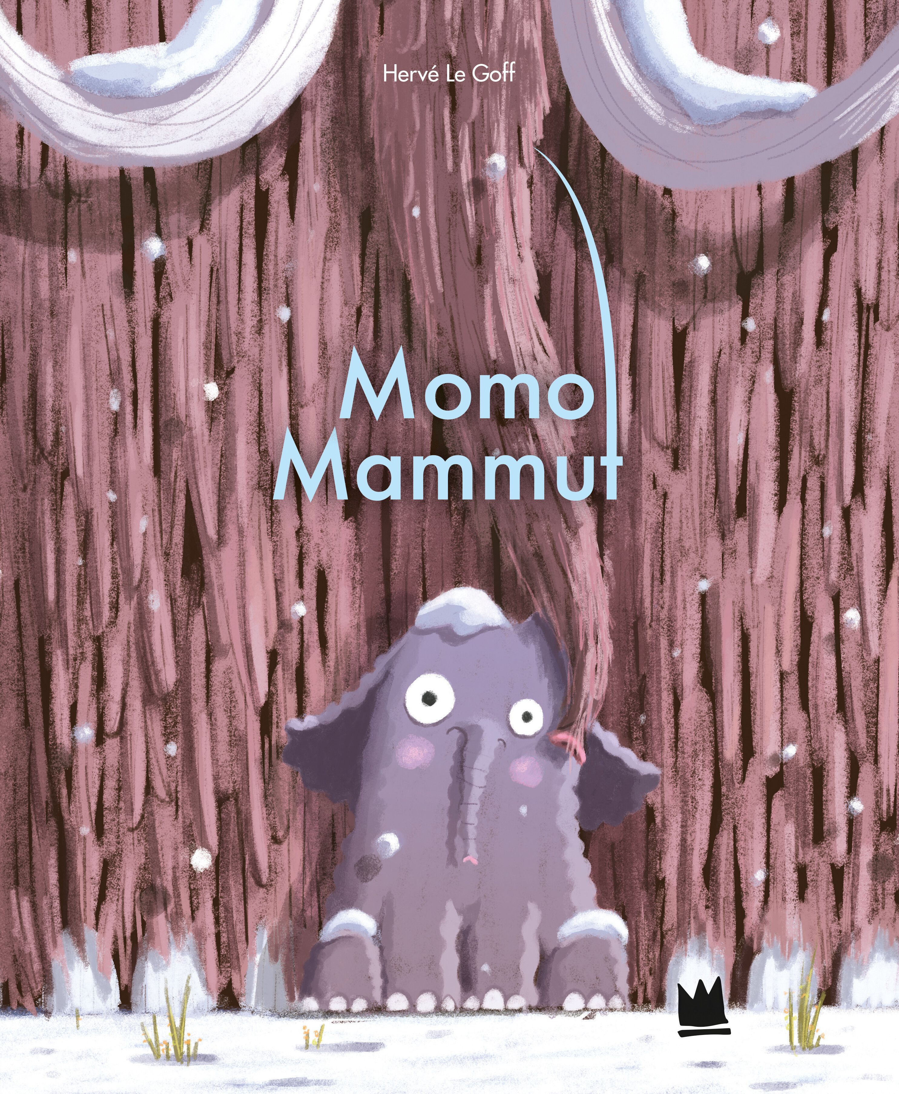 Buchcover mit dem Titel "Momo Mammut". Ein lila Mammut-Cartoon sitzt im Schnee. Der Autor ist Hervé Le Goff.
