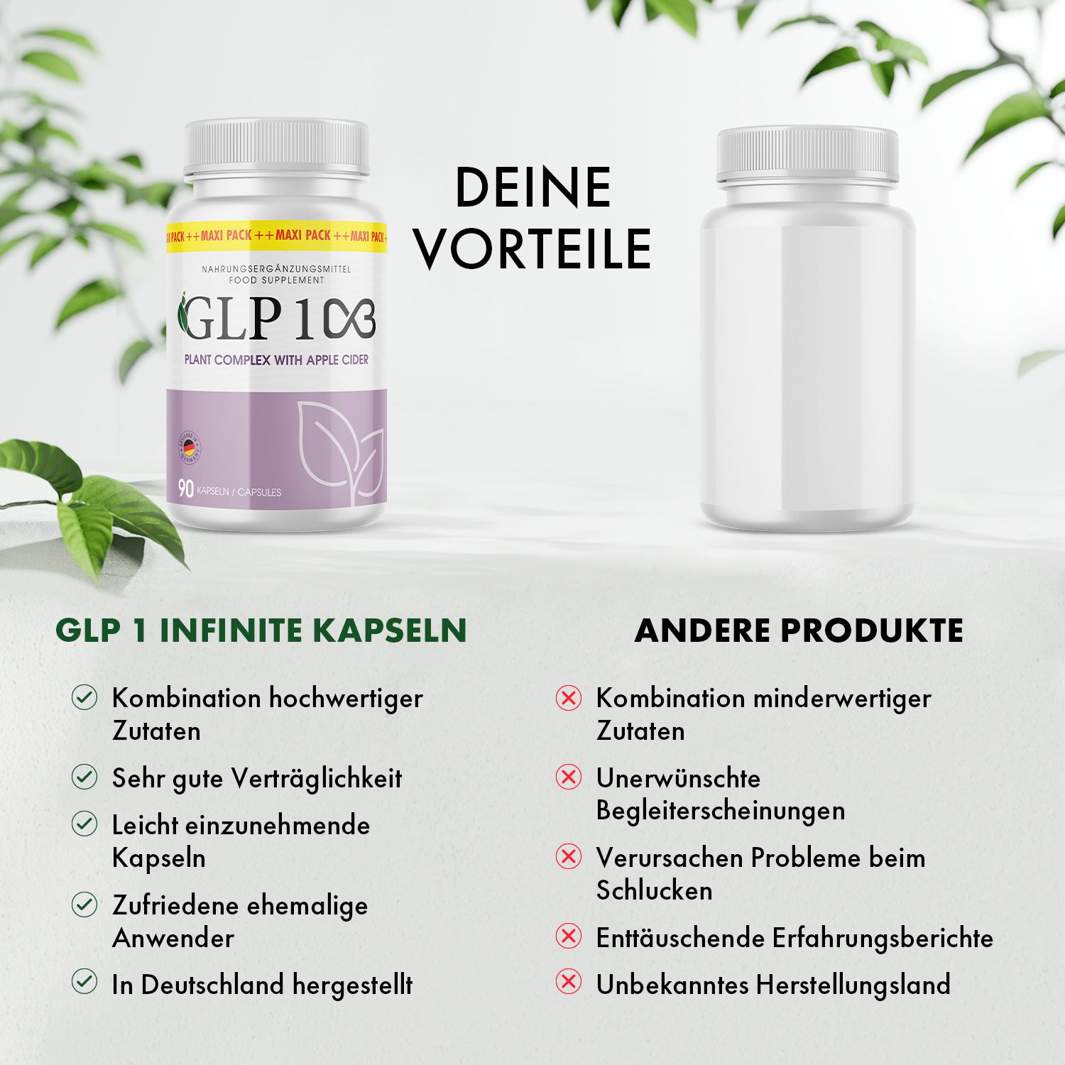 Pillenfläschchen mit lila Etikett. Aufschrift: GLP 1C3, 90 Kapseln. Mit Apfelessig. Daneben leeres Fläschchen. Text mit Vorteilen.