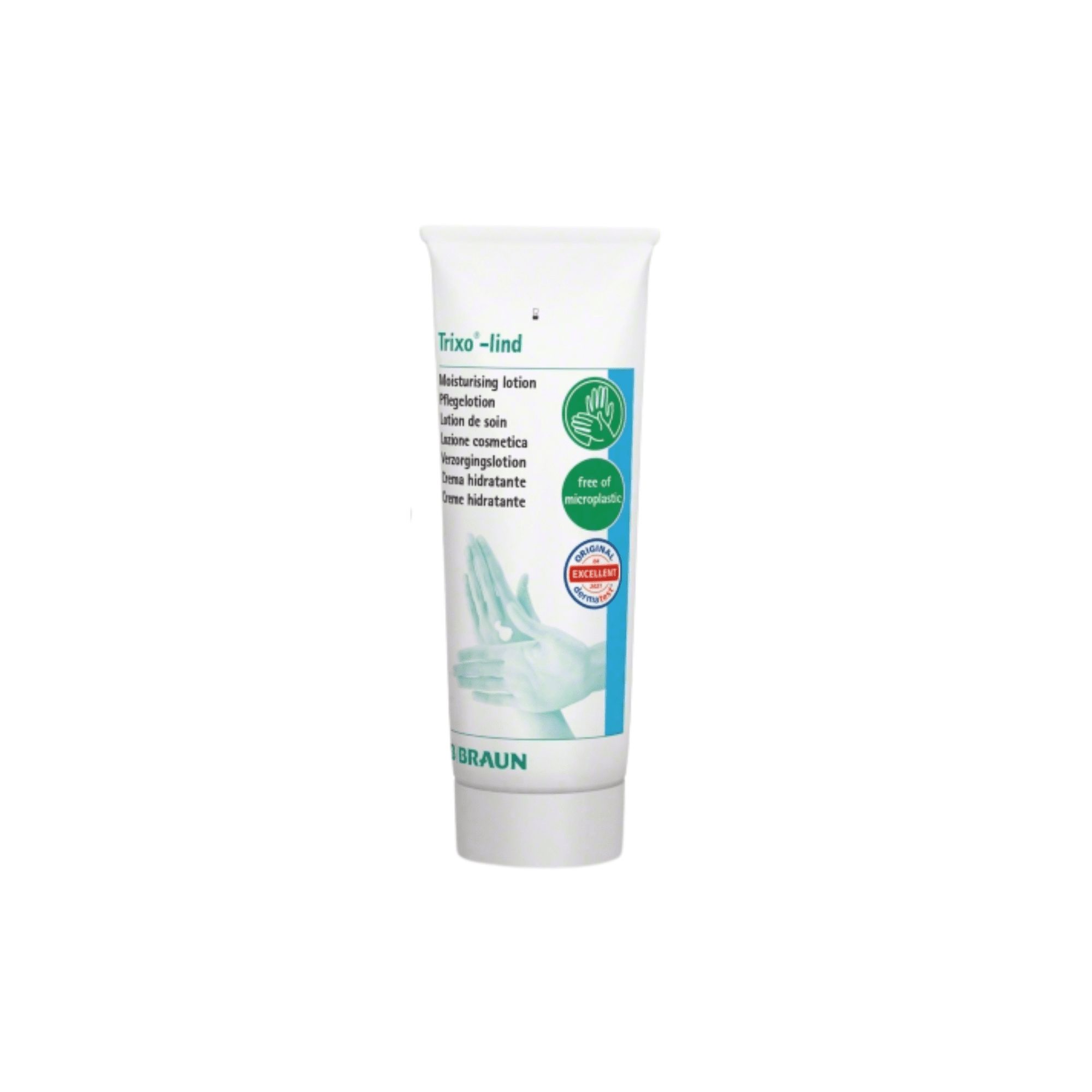 Weiße Tube mit blauer und grüner Beschriftung. Aufschrift: Trixo-lind, Moisturising lotion, free of microplastics. B. Braun Logo.