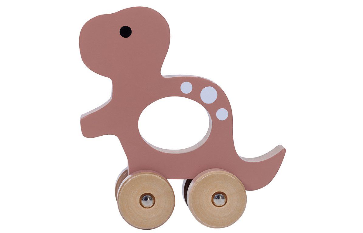 Holz-T-Rex, rosa lackiert, mit Rädern. Weiß gepunktet. Schwarzes Auge. Holzräder mit silbernen Schrauben.