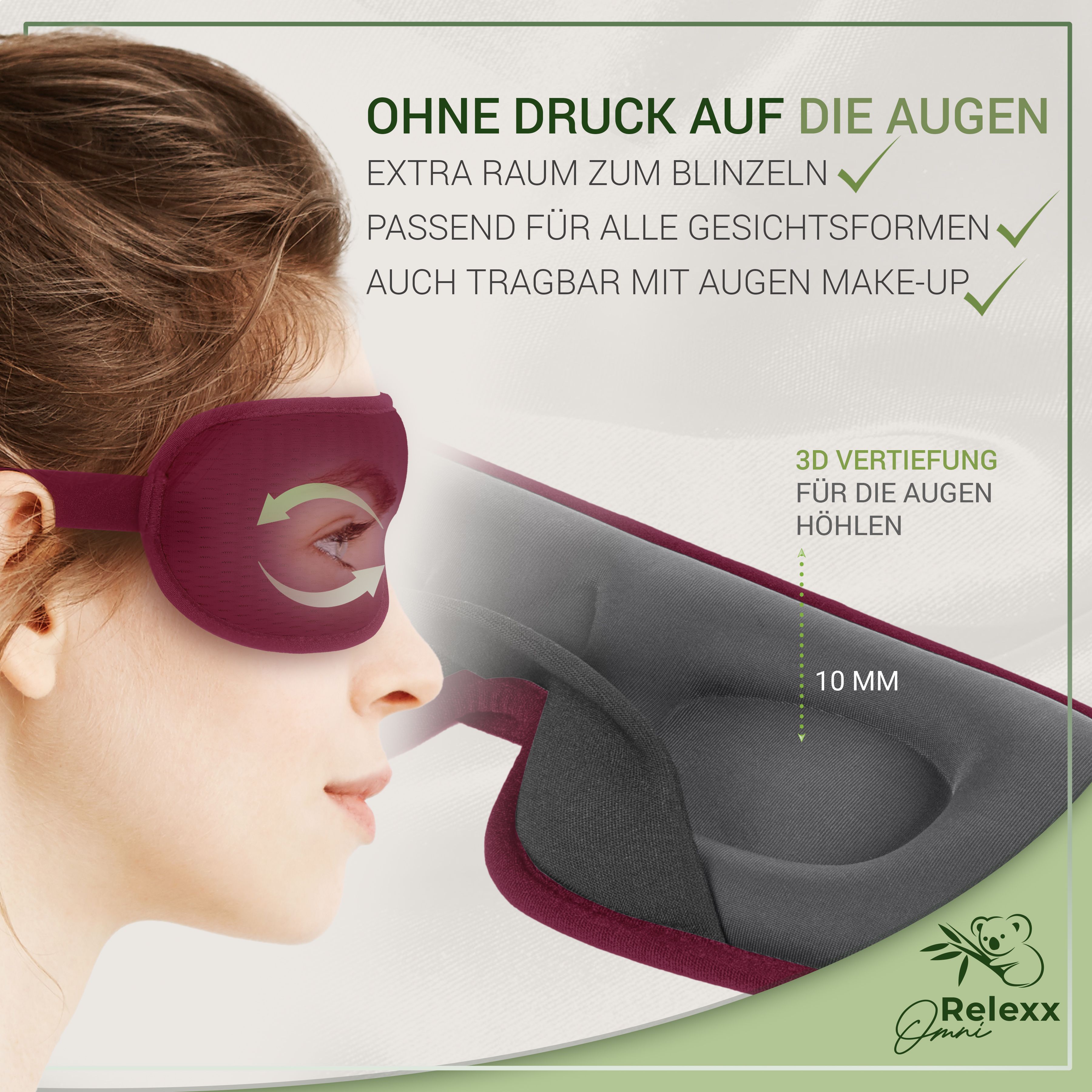 Schlafmaske mit 3D-Vertiefung für Augenhöhlen. Geeignet für alle Gesichtsformen. Auch mit Make-up tragbar.
