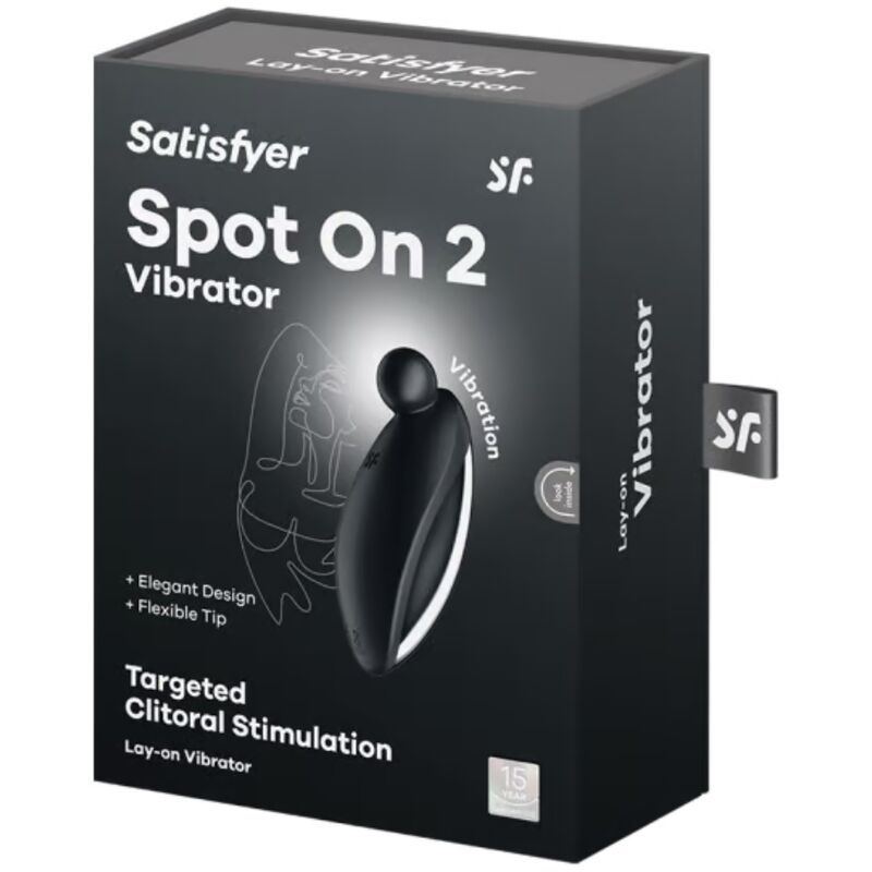 Schwarze Produktverpackung mit dem Namen 'Satisfyer Spot On 2 Vibrator'. Enthält das Produkt und Text.