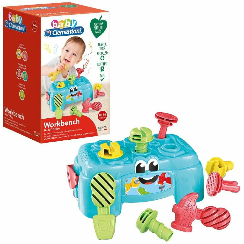 Clementoni Baby Werkbank mit Verpackung. Enthält Werkbank, Werkzeuge und Schrauben. Altersempfehlung: 10-36 Monate.