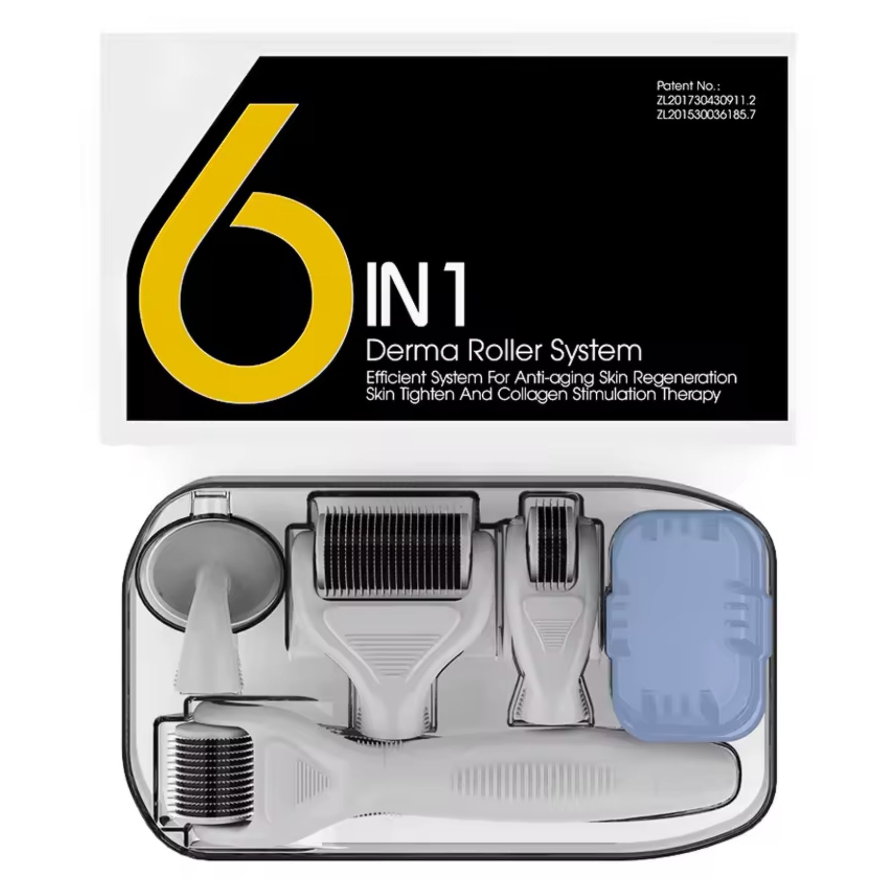 6-in-1 Derma Roller System. Schwarze Box mit Rollern, Aufsätzen und Behälter. Text: Derma Roller System.