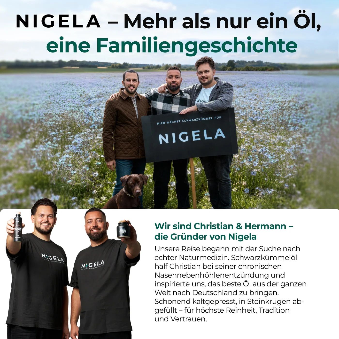 Gründer von Nigella posieren mit Produkten in einem Feld. Text über die Familiengeschichte und das Öl.