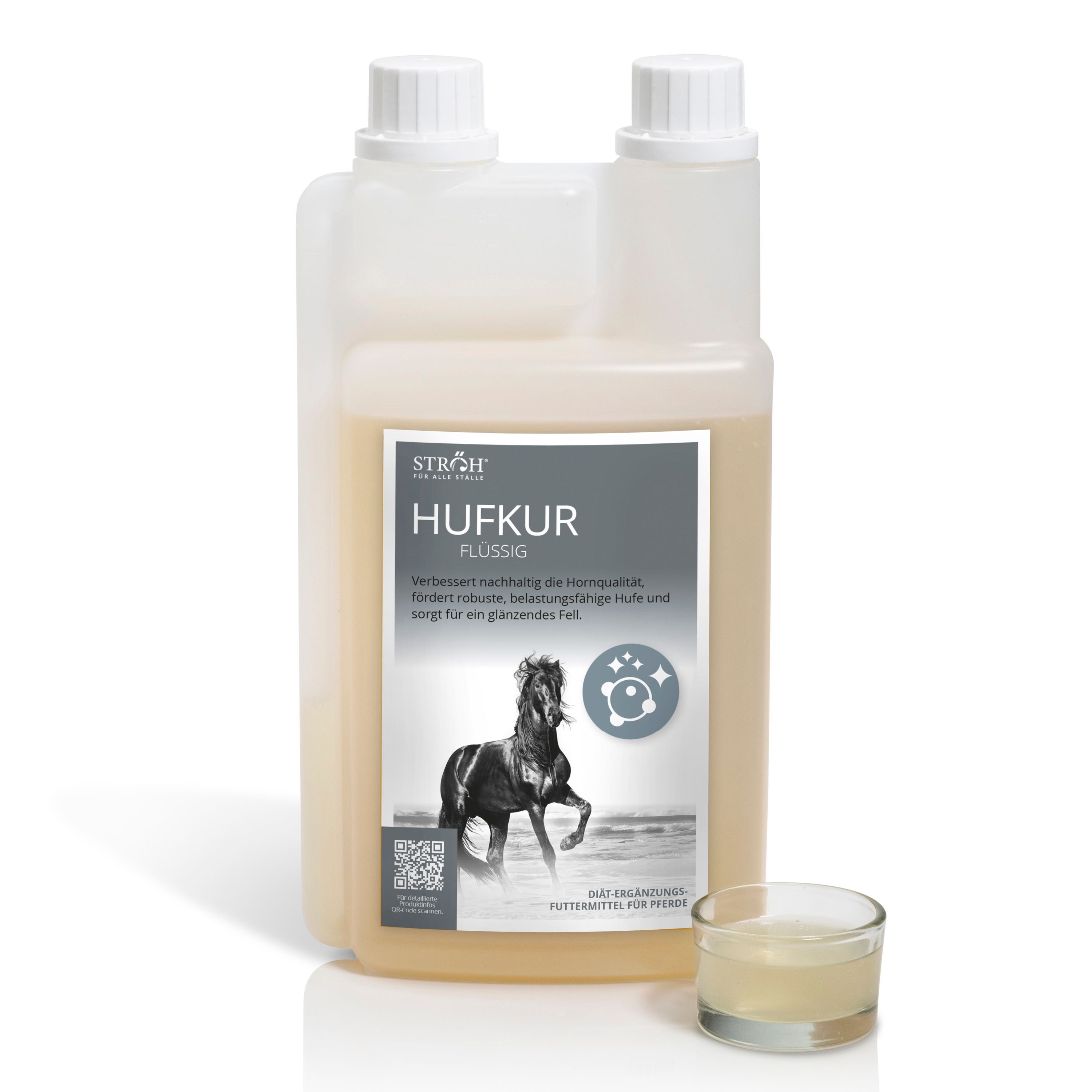 Transparente Flasche mit weißem Deckel. Etikett mit Produktname und Pferdeabbildung. Kleines Glas mit Flüssigkeit daneben.