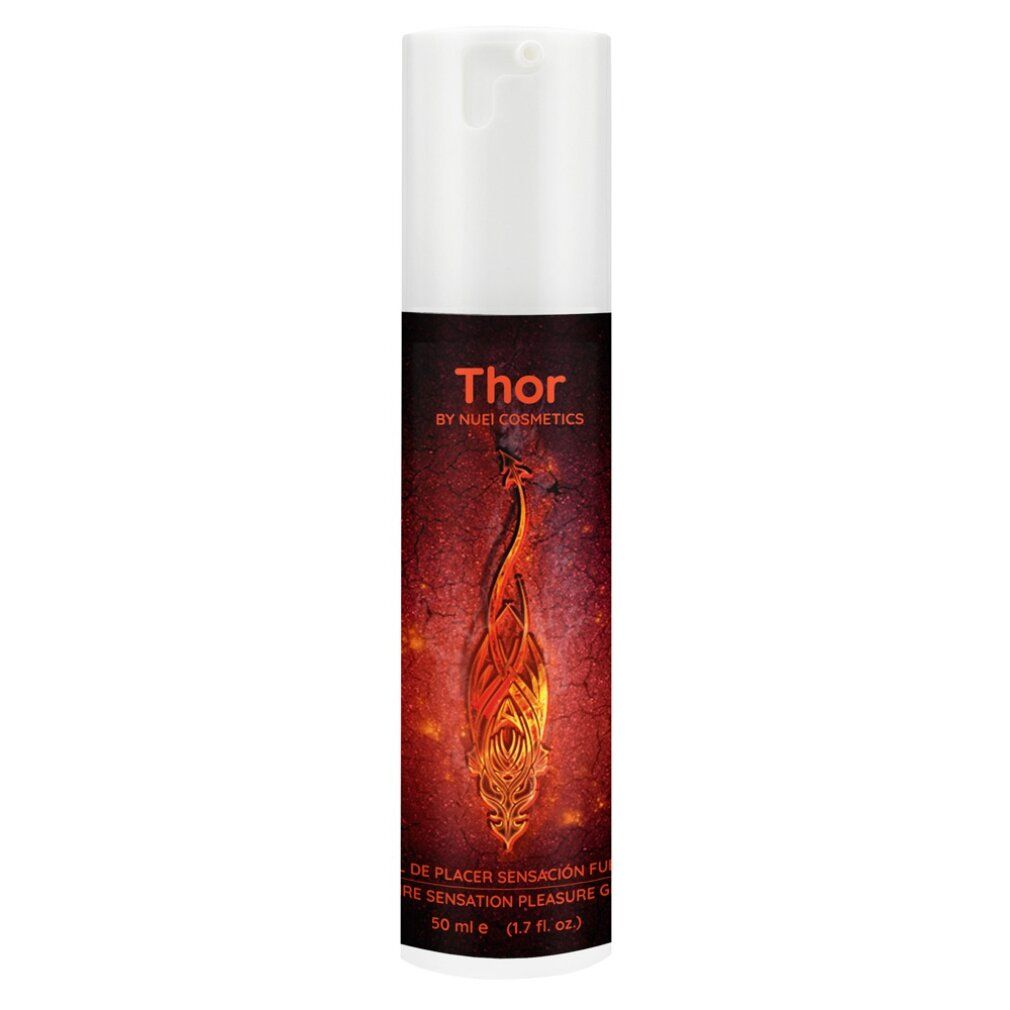 Flasche mit weißem Deckel und rotem Etikett. Aufschrift: THOR, FIRE SENSATION PLEASURE GEL. Marke NUEI COSMETICS. Flammenmotiv.