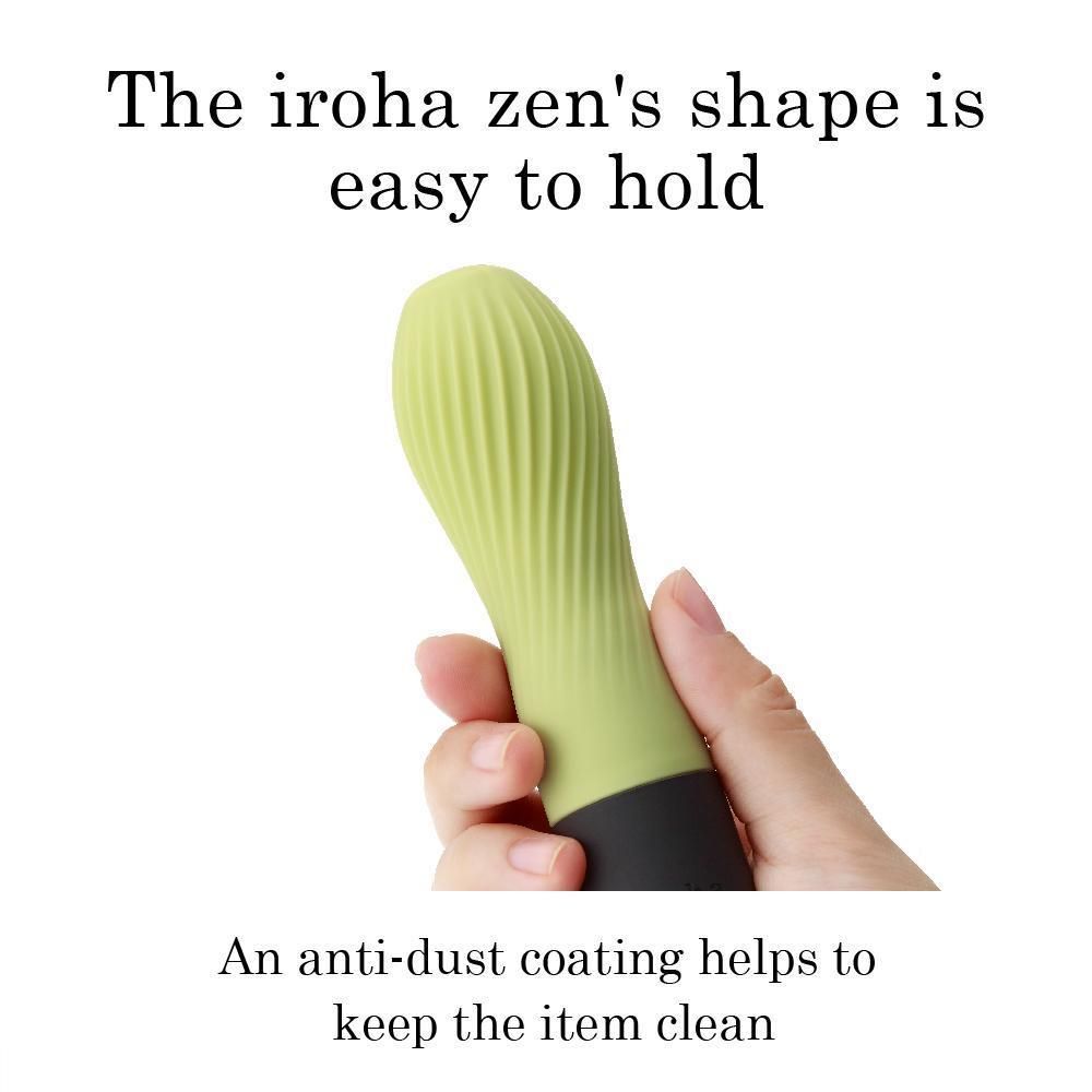 Grüner Vibrator in Hand gehalten. Text: "The iroha zen's shape is easy to hold".