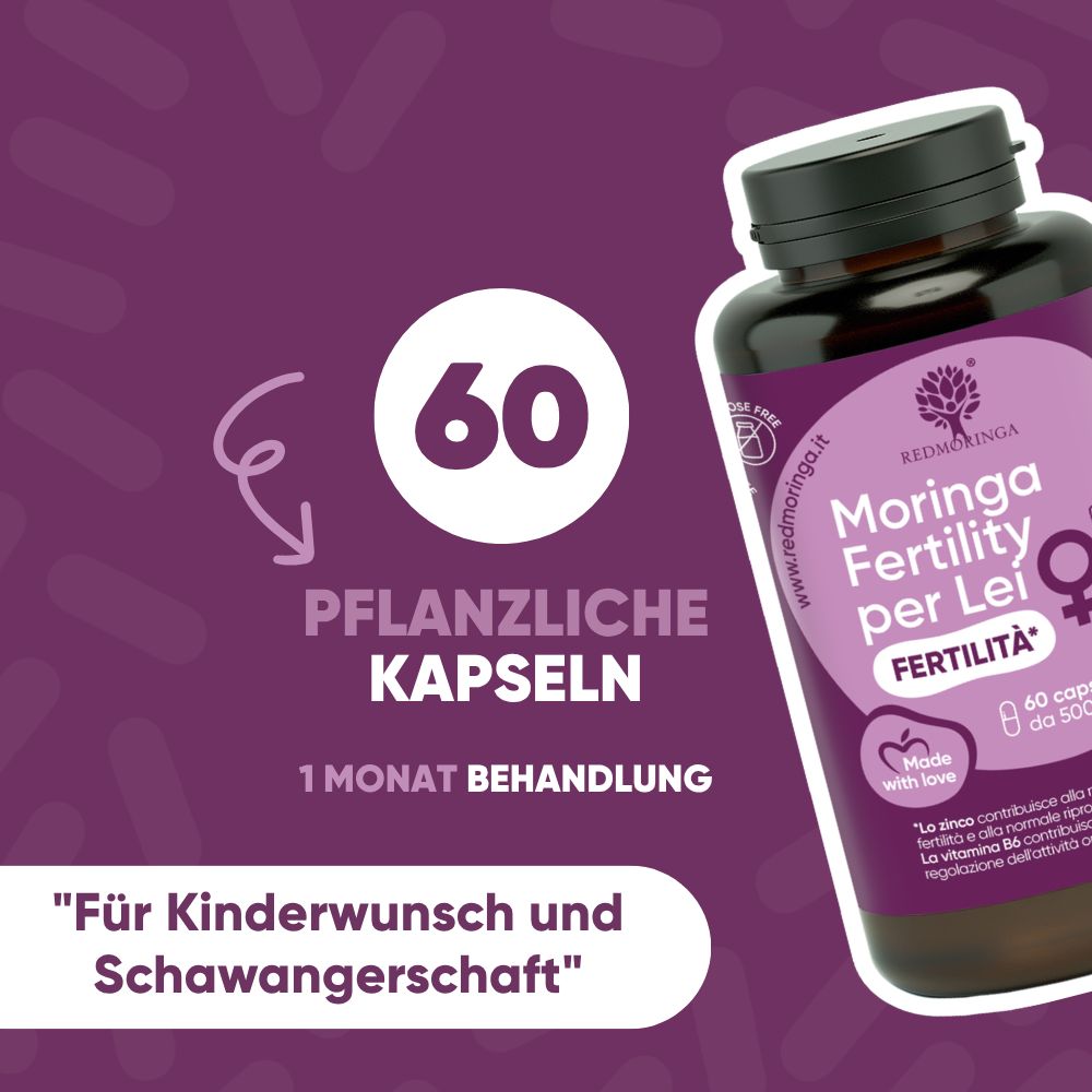 Flasche "Moringa Fertility per Lei" mit Inhaltsstoffen wie Magnesium, Vitamin B6, Folsäure.
