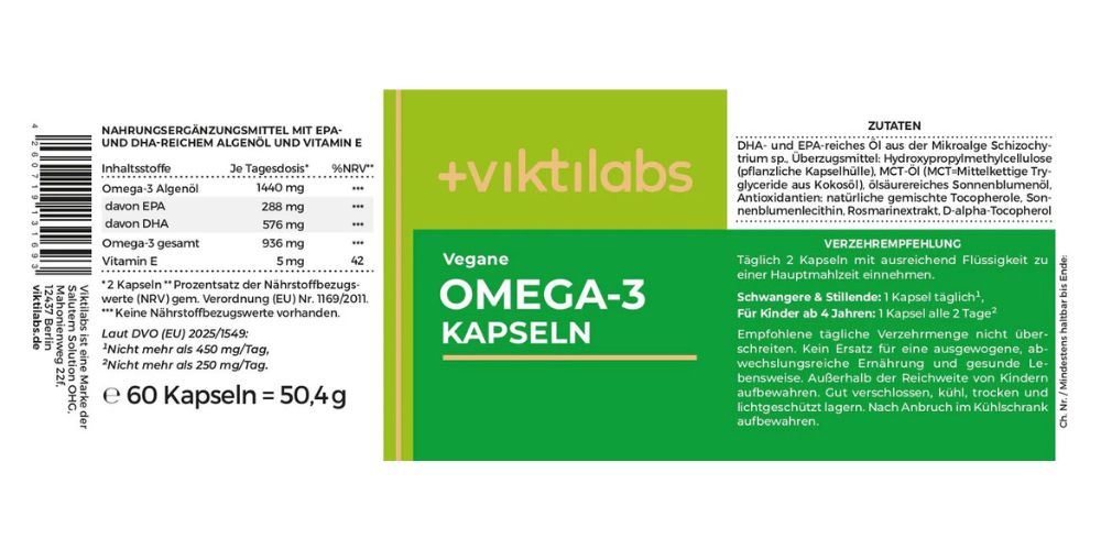 Etikett mit Inhaltsstoffen: Omega-3 Algenöl, EPA, DHA, Vitamin E. Text: Vegane Omega-3 Kapseln. 60 Kapseln = 50,4g.