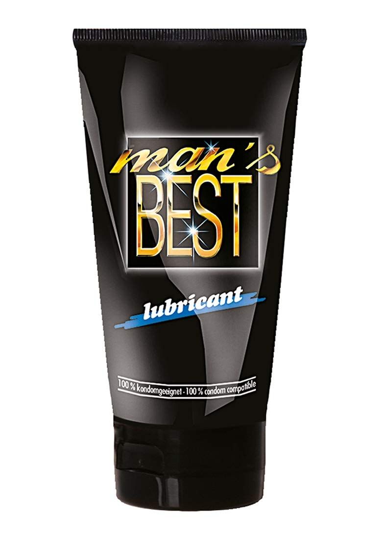 Schwarze Tube mit "man's BEST lubricant" Aufschrift. 100% kondomgeeignet.