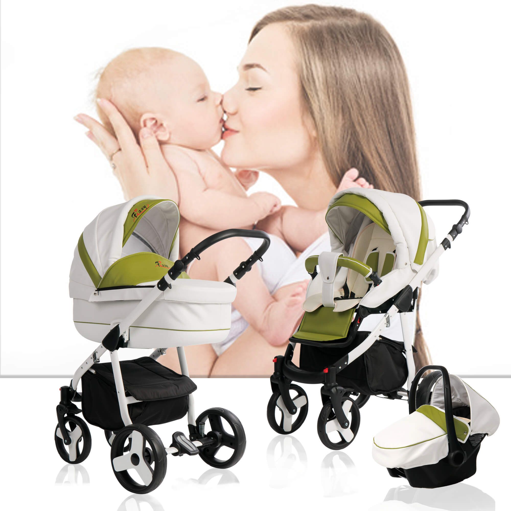 Bebebi Fizzy 4 in 1 Kinderwagen Komplettset ISOFIX Basis Hartgummireifen, Avocado