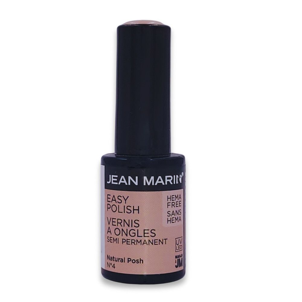 Nagellackflasche. Schwarzer Deckel, rosafarbener Inhalt. Aufschrift: JEAN MARIN, EASY POLISH, VERNIS À ONGLES, SEMI PERMANENT, Natural Posh, HEMA FREE.