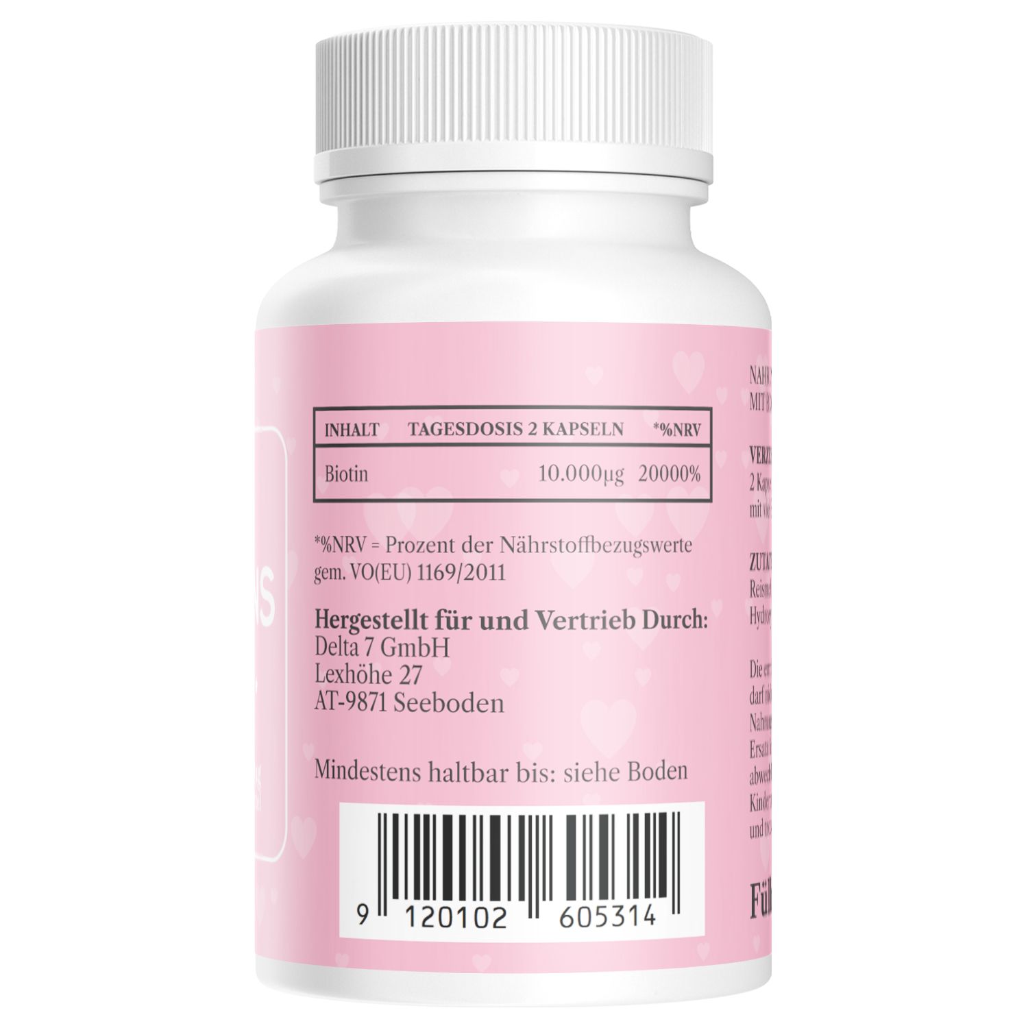 Rückseite der weißen Flasche. Aufschrift: Biotin, 10.000µg, %NRV. Herstellerinformationen. Barcode.