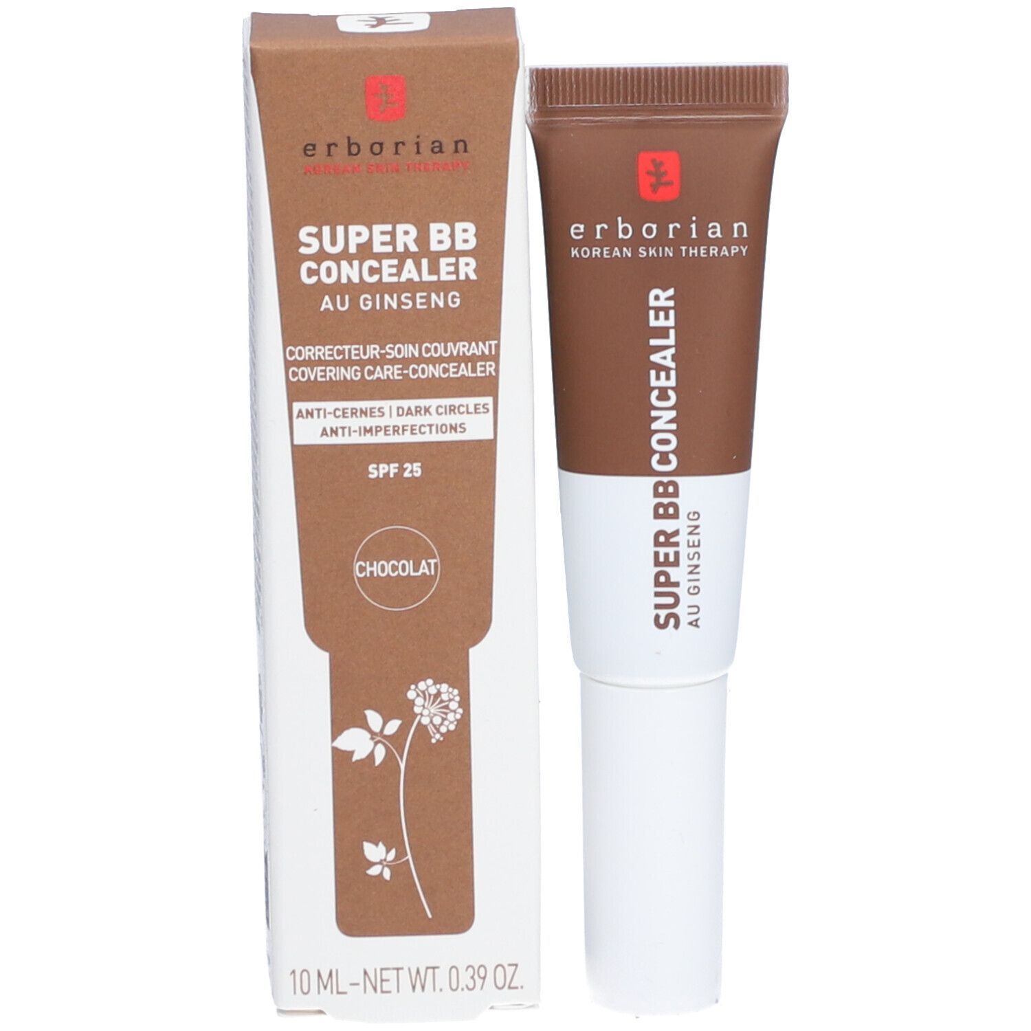 Produktverpackung mit Tube und Karton. Aufschrift: SUPER BB CONCEALER AU GINSENG, CHOCOLAT. Marke: Erborian.