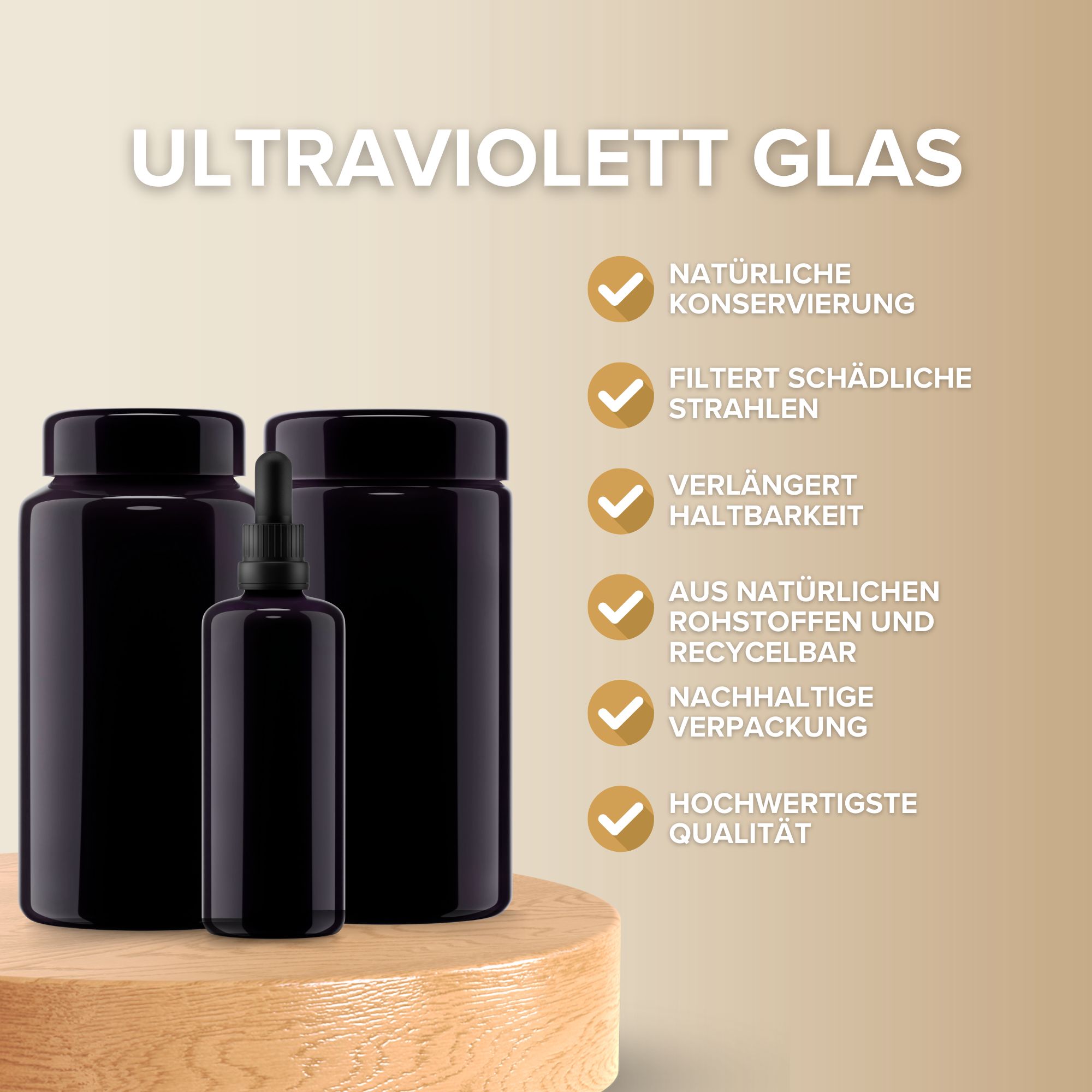 Drei schwarze Glasflaschen mit schwarzen Deckeln. Aufschrift: Ultraviolett Glas. Zusätzliche Logos und Text.