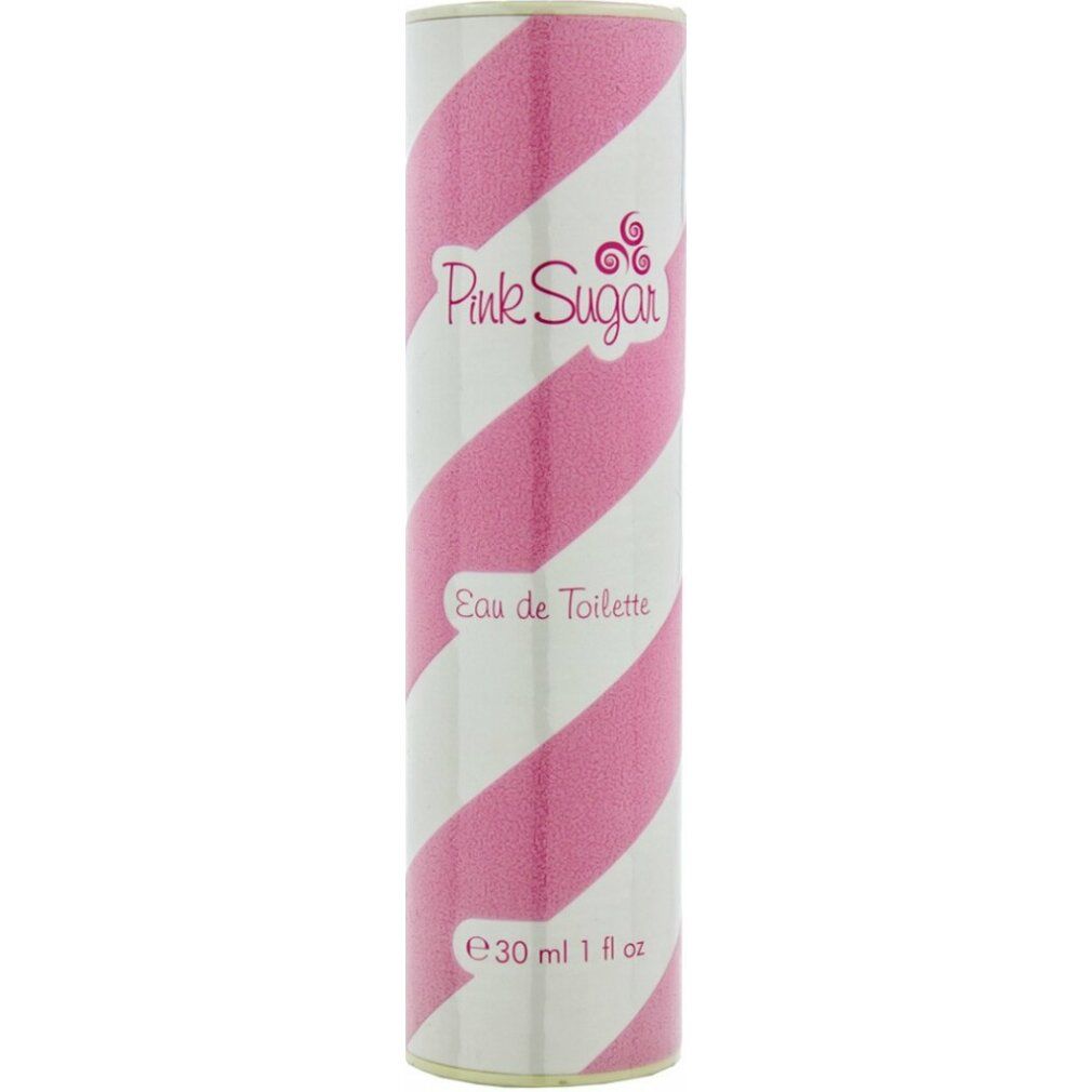 Aquolina Pink Sugar Eau de Toilette. Zylindrische Verpackung mit rosa und weißen Streifen.