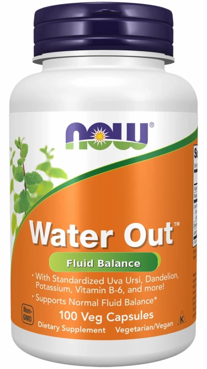 Weiße Flasche mit blauem Deckel. Aufschrift: Water Out, Fluid Balance. Enthält 100 Veg Capsules. Marke: NOW.