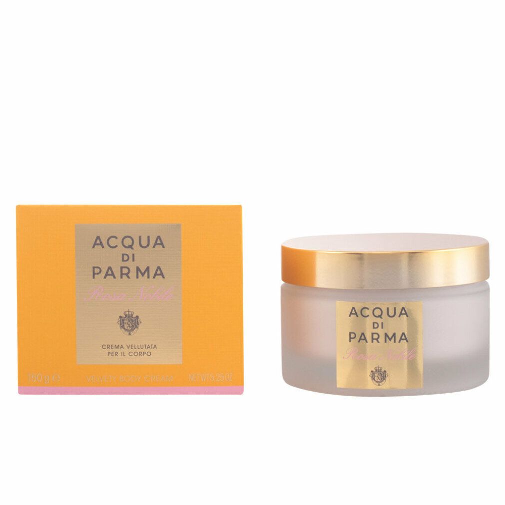 Creme-Tiegel und Schachtel. Goldfarbener Deckel, goldfarbenes Etikett mit Logo. Text: ACQUA DI PARMA, CREMA VELLUTATA PER IL CORPO.