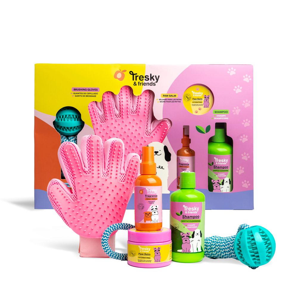 Tresky & Friends Hunde Wellness Geschenkset 5 teilig, Shampoo, Parfüm, Pfotenbalsam, Bürstenhandschu 1 St Kombipackung