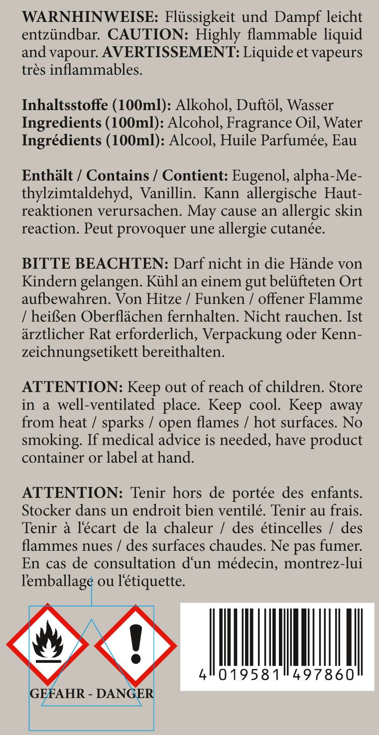 Etikett mit Warnhinweisen und Inhaltsstoffen. Gefahrensymbole und Text in Deutsch, Englisch und Französisch.