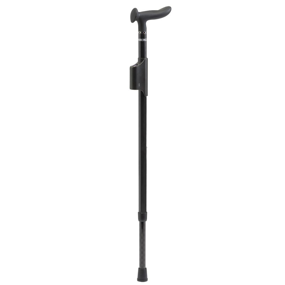 Schwarzer Gehstock mit ergonomischem Griff und Halterung. Verstellbare Höhe. Gummifuß. Ossenberg Anti-Freezing Parkinsonstock Cosy Griff.