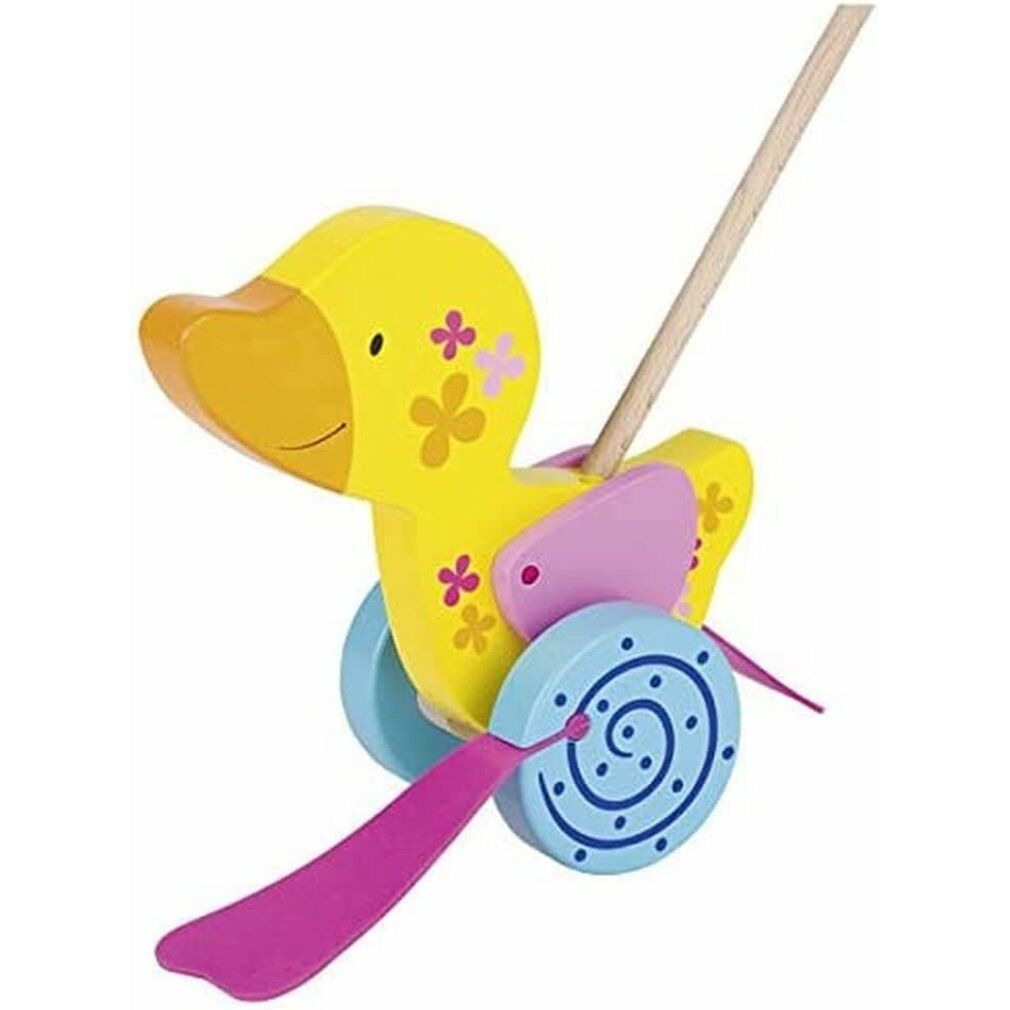 Gelbe Ente mit Rädern und Stiel. Rosa Flügel und Propeller. Blaue Räder mit Spiralmuster. Holzspielzeug.